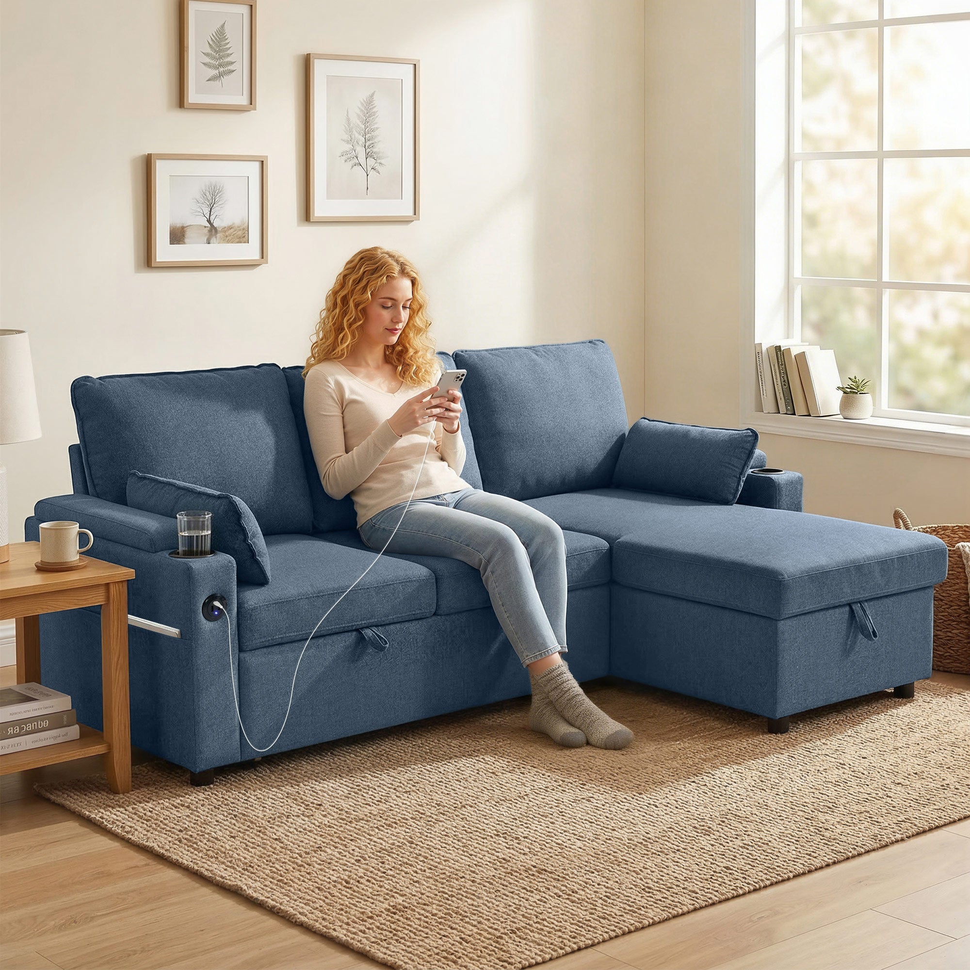 HOMCOM Corner Sofa Bed, L Shaped Sleeper Sectional Sofa with Reversible Storage Chaise, Blue 