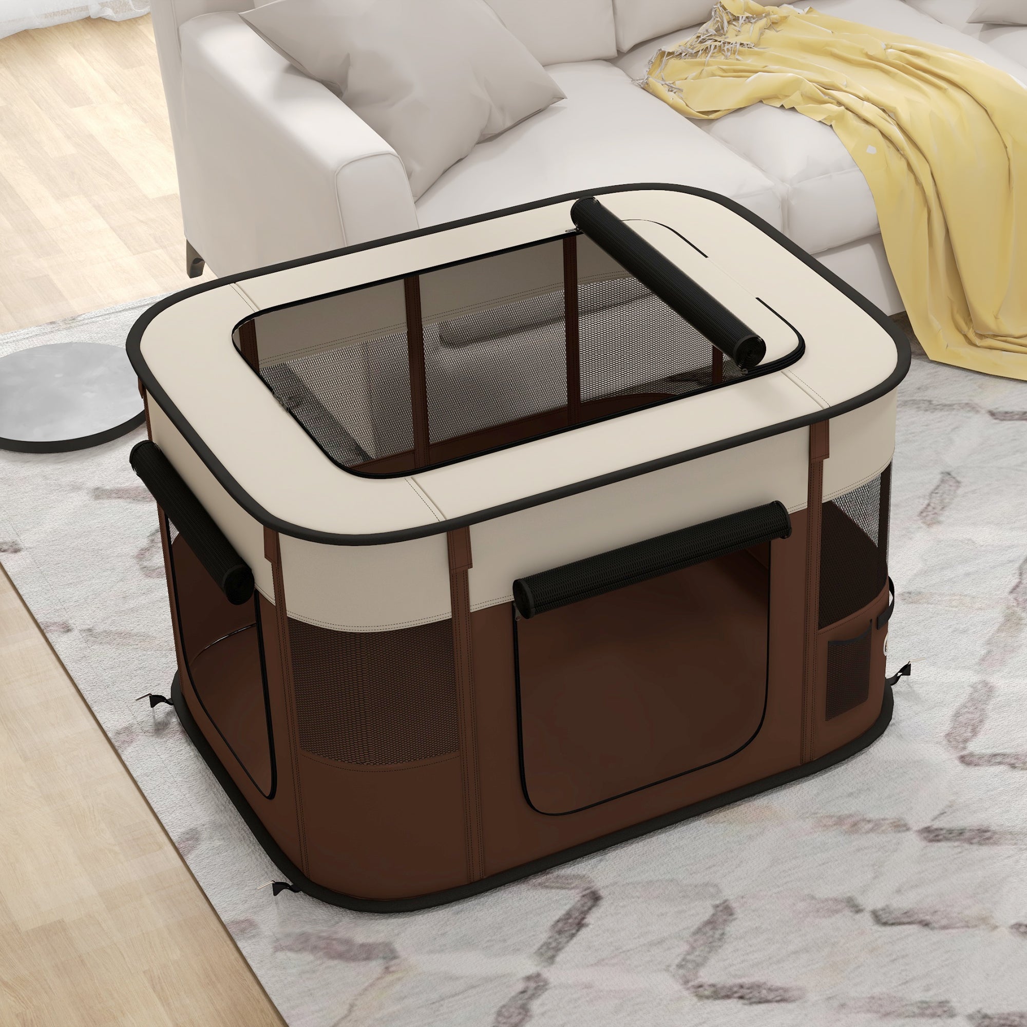 PawHut Foldable Dog Pen with Storage Bag for Indoor/Outdoor Use, Portable Pet playpen, with Ground Stakes - Brown 