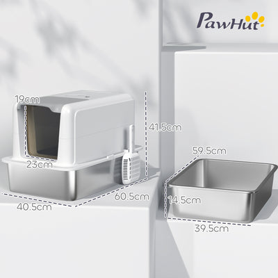 PawHut Stainless Steel Cat Litter Box with Removable Lid, Scoop, Filter Bags, for Larger Cats, White 