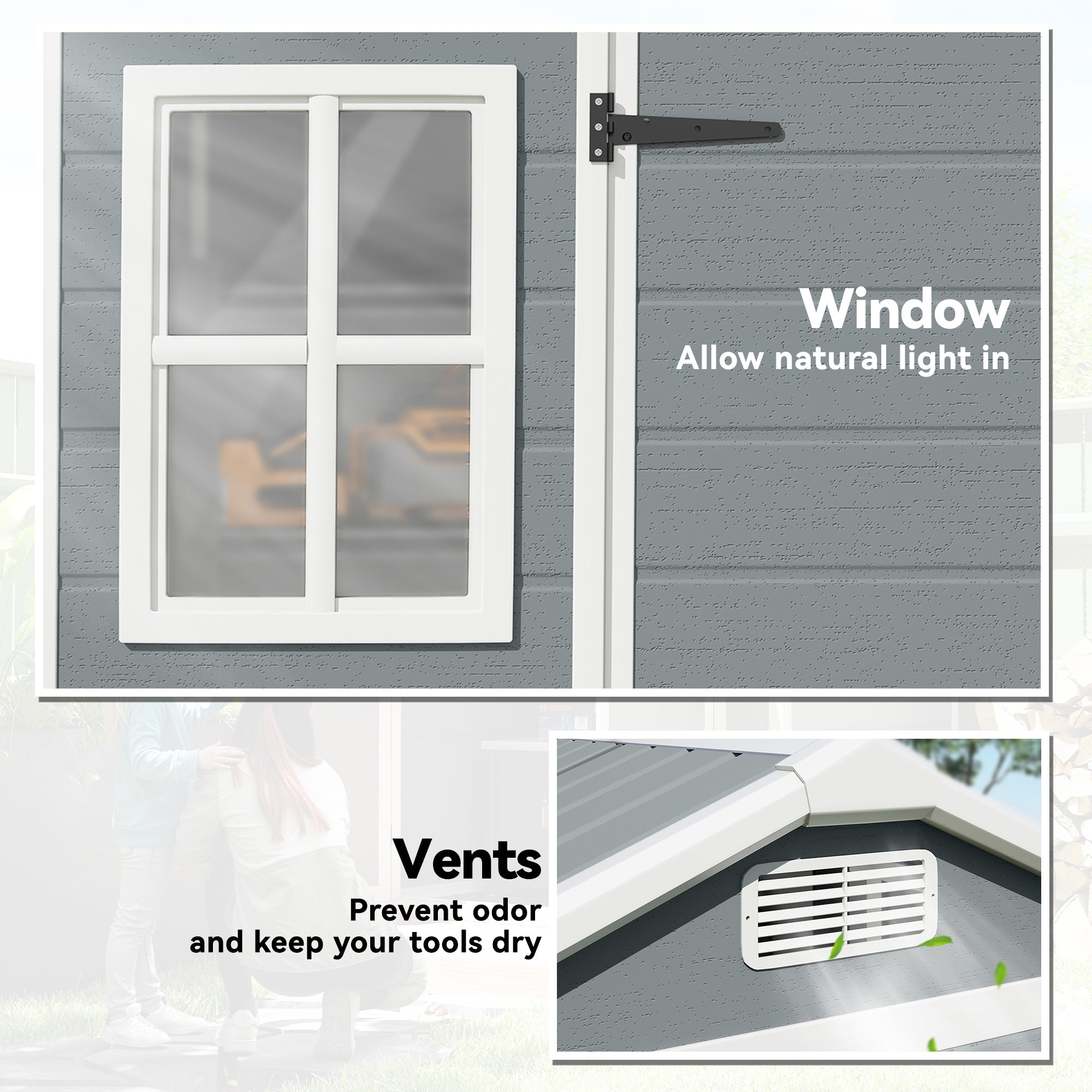 Outsunny 8 x 4 ft Resin Garden Shed, Wood-Effect Outdoor Storage Shed with Floor, Windows, Lockable Doors and Vents, Light Grey 