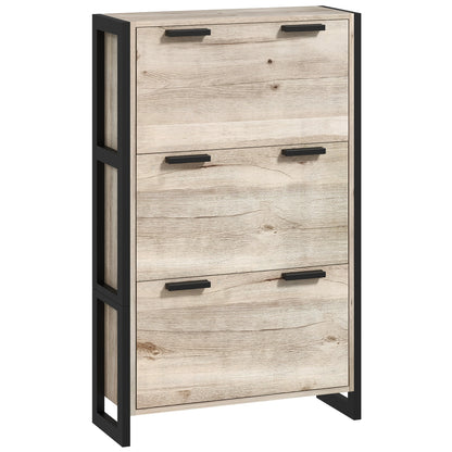 HOMCOM Shoe Storage Cabinet with 3 Flip Drawers Adjustable Shelf 18 Pairs Narrow Shoe Cupboard for Entryway Natural Wood-effect 