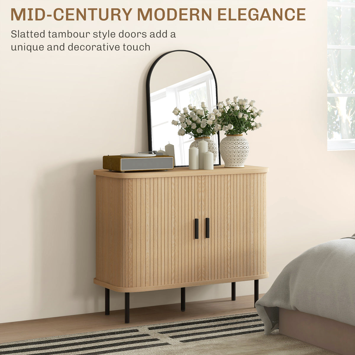HOMCOM Mid-Century Modern Sideboard Storage Cabinet with Slatted Tambour Sliding Doors, Kitchen Cabinet with Steel Legs, Oak Tone 