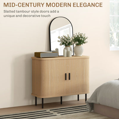 HOMCOM Mid-Century Modern Sideboard Storage Cabinet with Slatted Tambour Sliding Doors, Kitchen Cabinet with Steel Legs, Oak Tone 