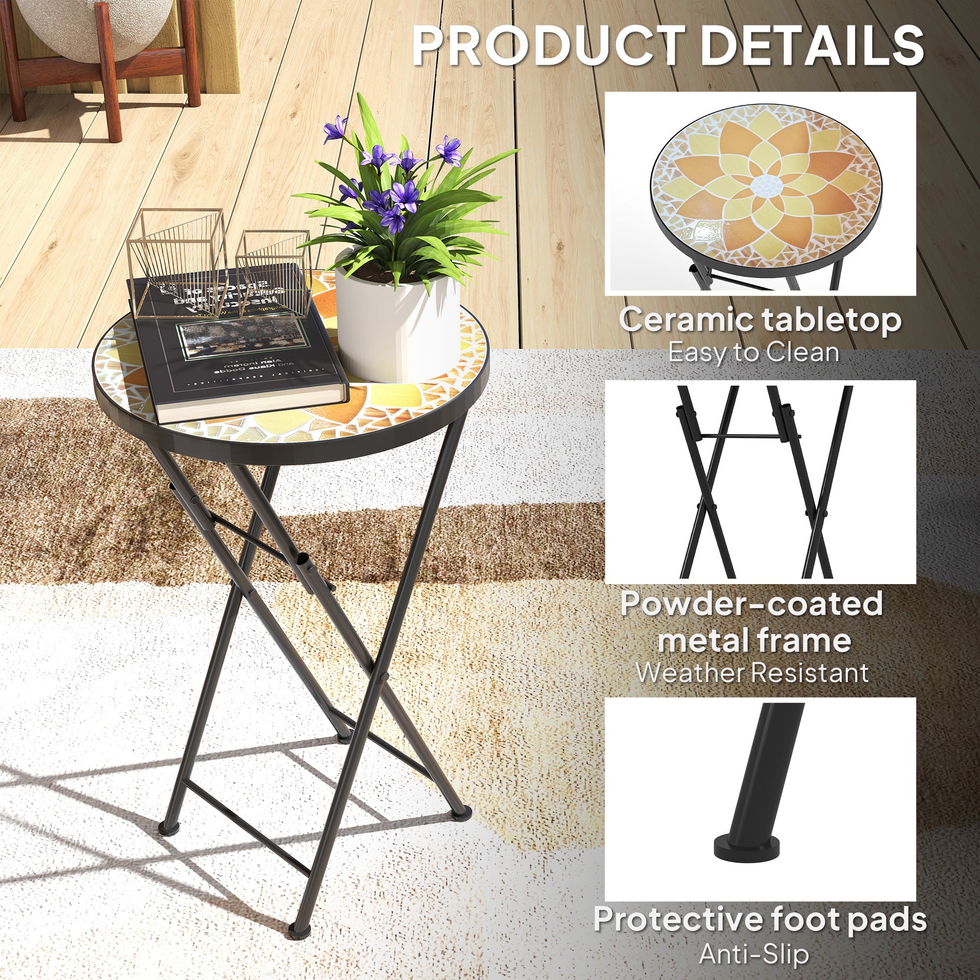 Outsunny Mosaic Outdoor Garden Table, 35.5cm Round Folding Coffee Table with Metal Frame for Balcony Terrace, Yellow 