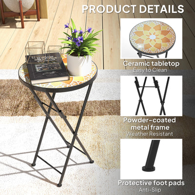 Outsunny Mosaic Outdoor Garden Table, 35.5cm Round Folding Coffee Table with Metal Frame for Balcony Terrace, Yellow 