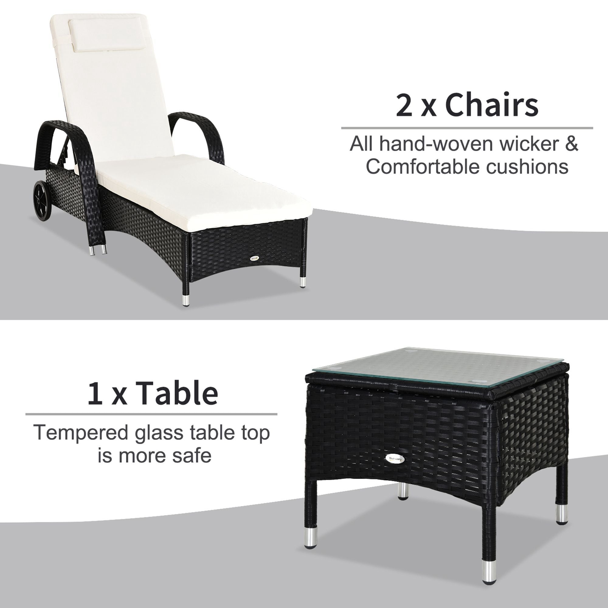 Outsunny 2 Seater Rattan Sun Lounger Set with Side Table Black 