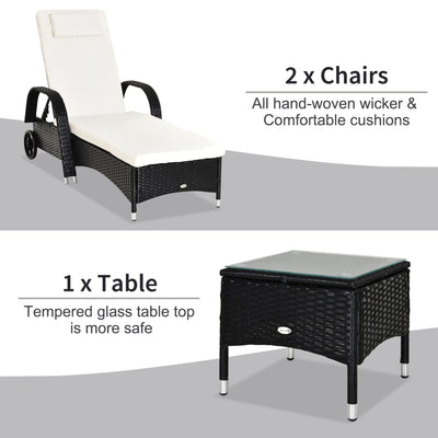 Outsunny 2 Seater Rattan Sun Lounger Set with Side Table Black 