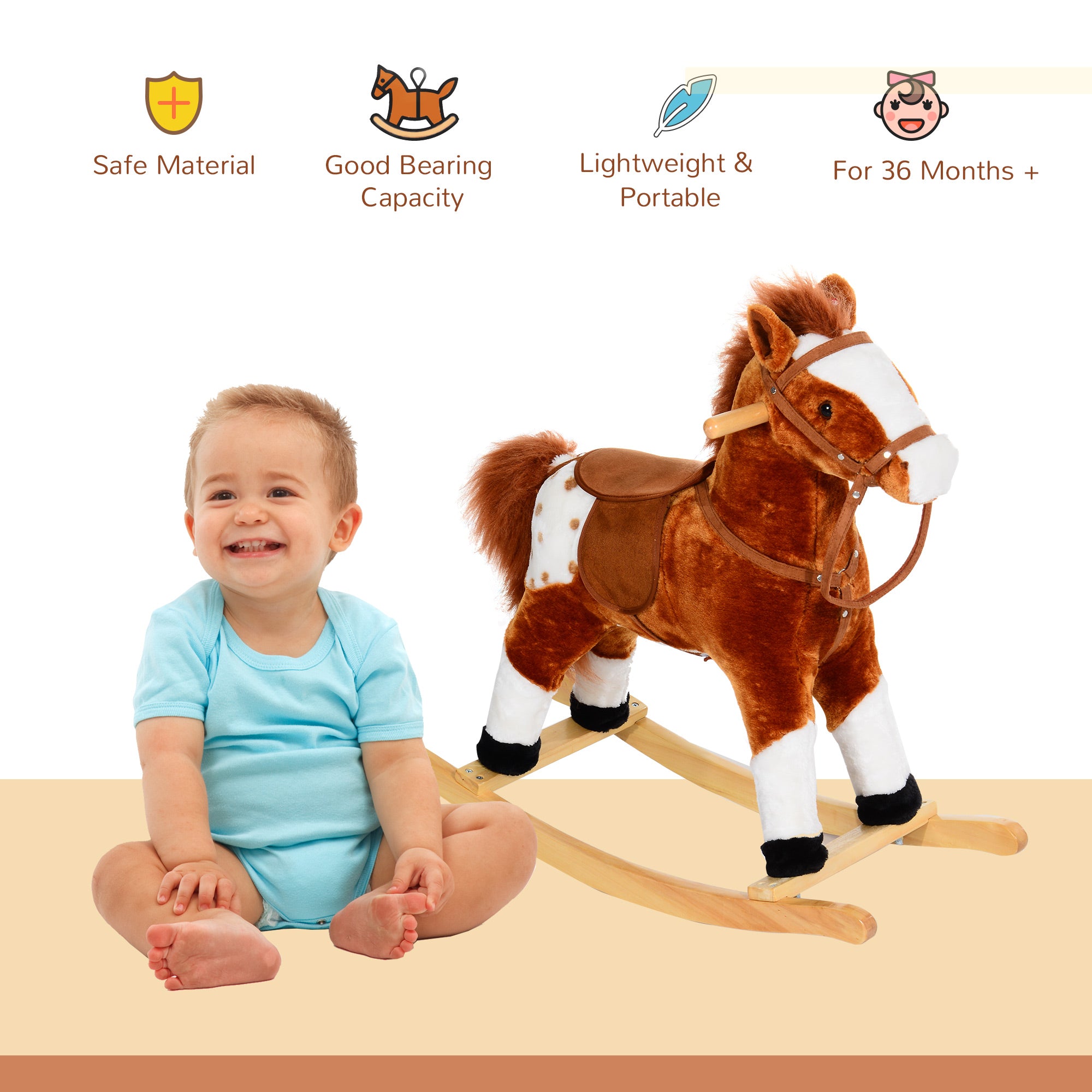 HOMCOM Baby Rocking Horse Plush Ride on Animals Rocker with Sound Handle Grip for kids 3-6 years - Brown 