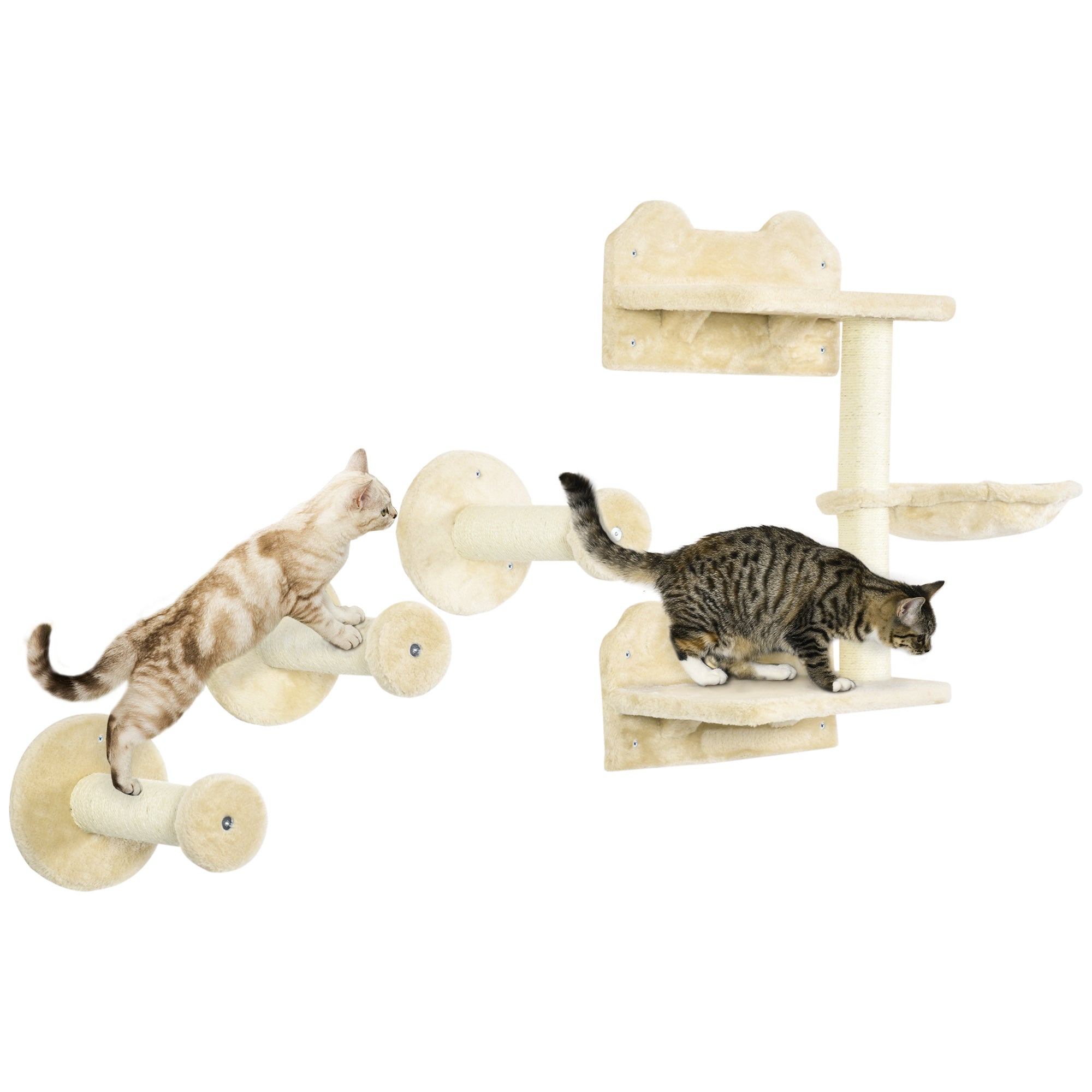PawHut 4 Piece Cat Shelf with Scratching Post, Wall-Mounted Cat Tree for Indoor Cat - Beige