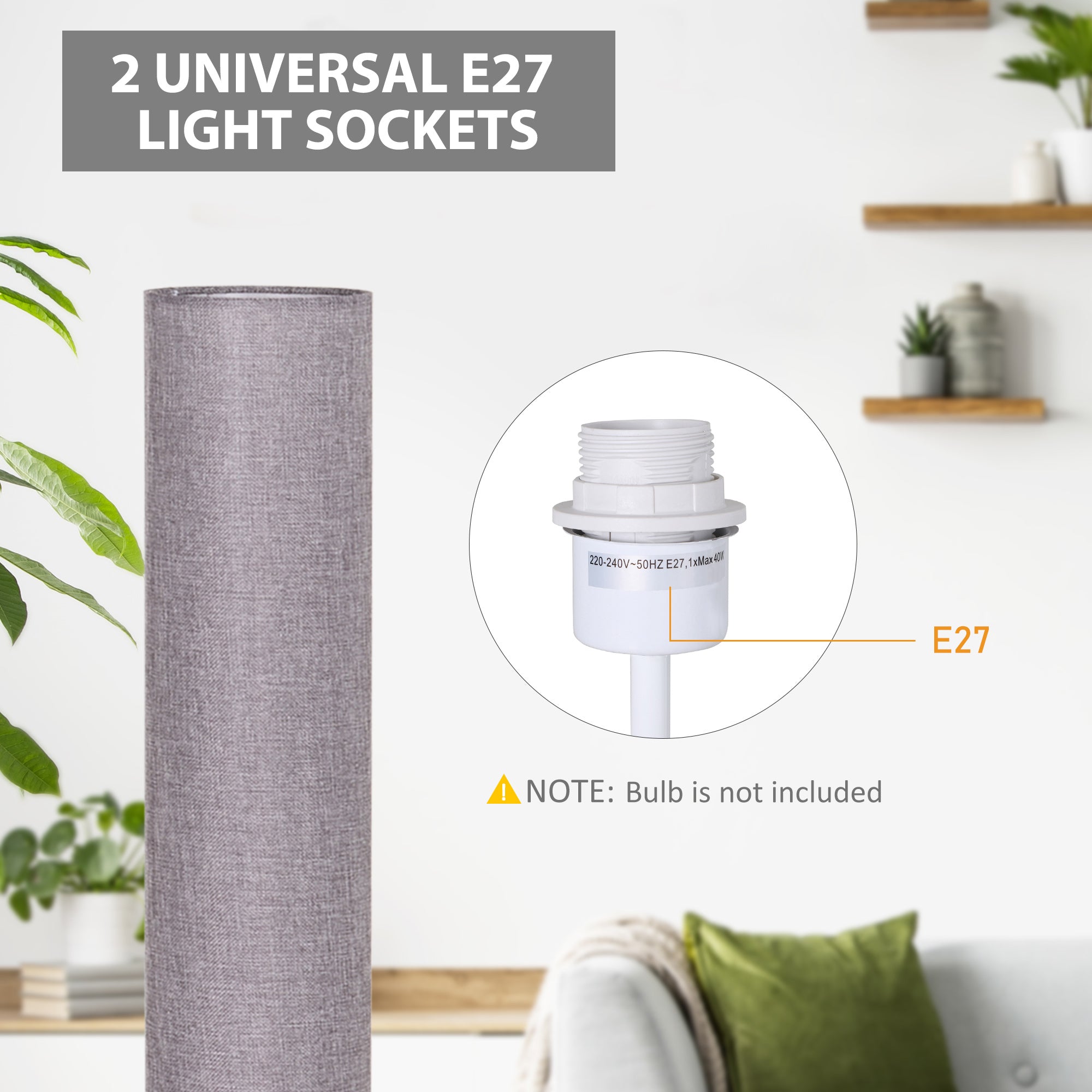 HOMCOM 47-Inch Modern Wooden Floor Lamp for Bedroom, Study or Living Space with Fabric Linen Shade (Grey)  120 CM 