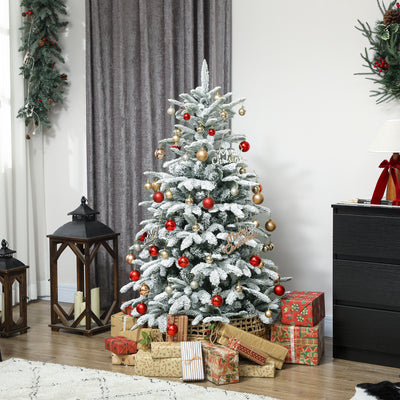 HOMCOM 5 ft Artificial Flocked Christmas Tree with 717 Branches, Hinged Xmas Tree with Foldable Metal Stand, Easy Assembly for Home Office Decor 
