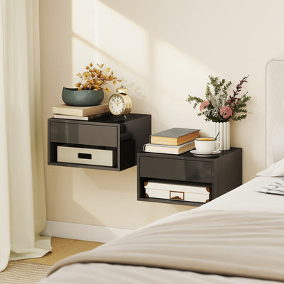 HOMCOM Floating Bedside Tables Set of 2, Wall Mounted Nightstand, High Gloss Black 