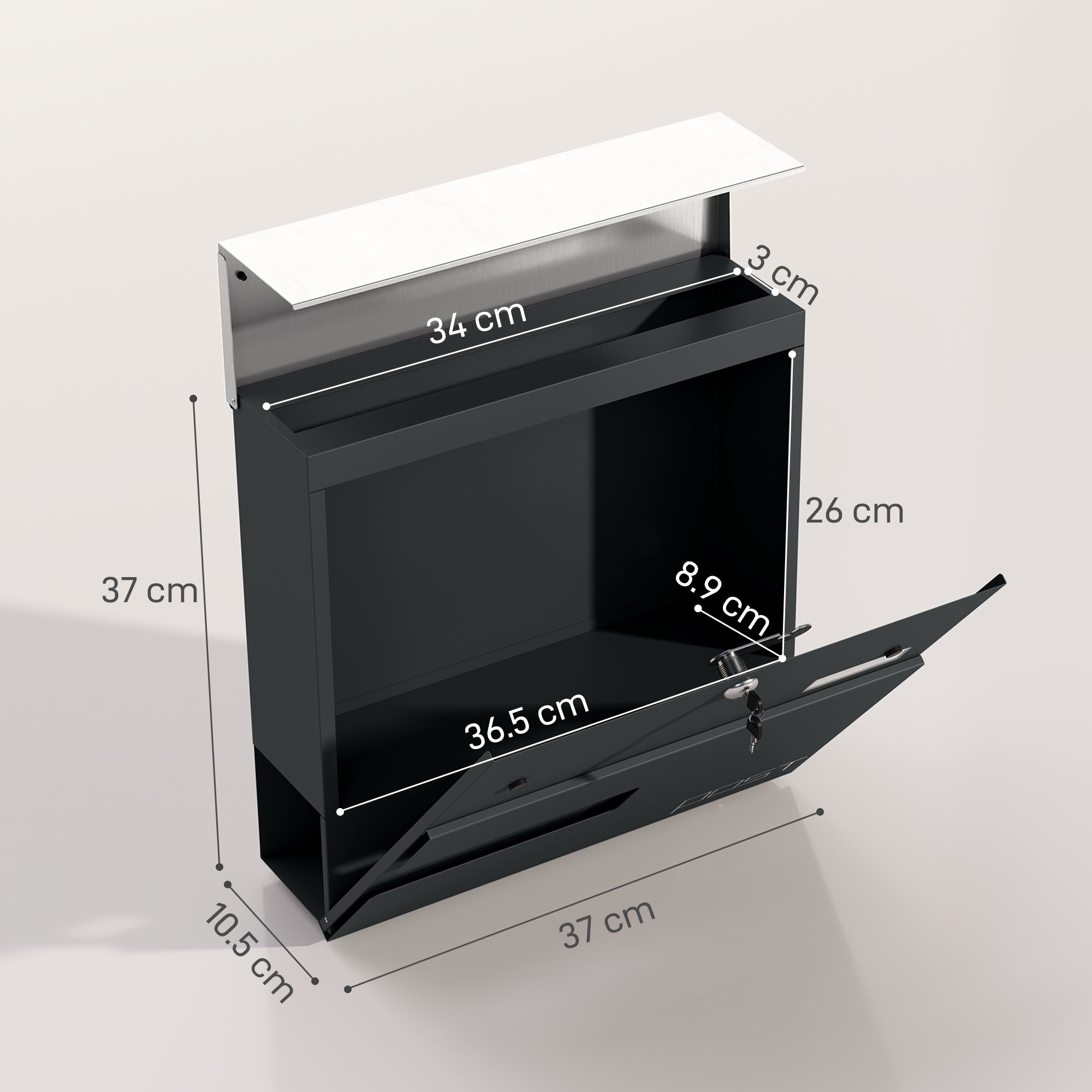 HOMCOM Locking Galvanised Steel Letterbox - Charcoal Grey/Black 