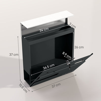 HOMCOM Locking Galvanised Steel Letterbox - Charcoal Grey/Black 