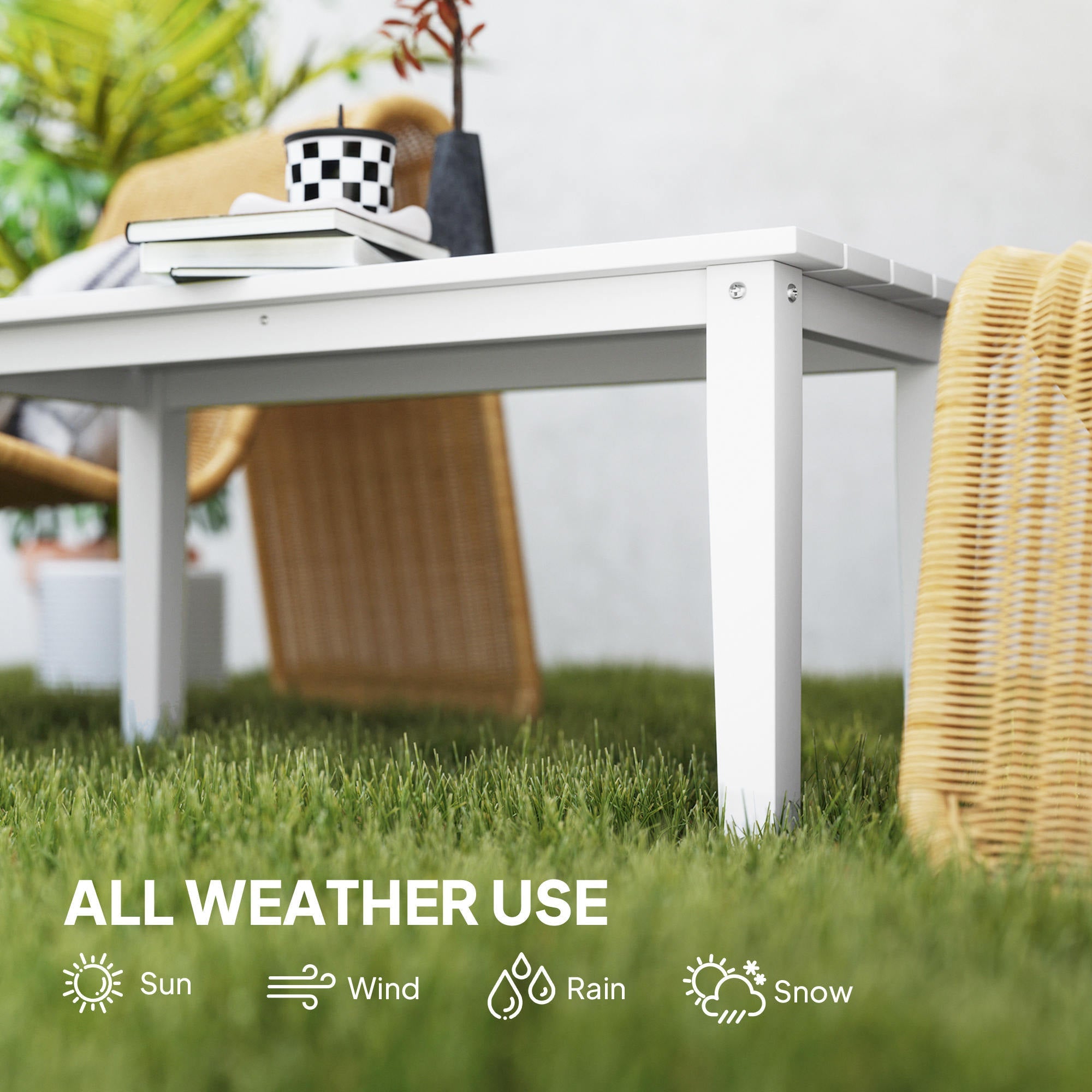 Outsunny Outdoor Garden Coffee Table, HDPE All-Weather Garden Table, Rectangular Outdoor Table with Slatted Tabletop for Patio, Balcony, 91 x 44 x 42 cm, White 
