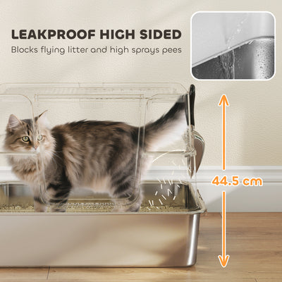 PawHut XL Stainless Steel Litter Box w/ 100° Flip Top, Scoop, Side Top Dual Entry, Odor Free, Easy Cleaning, Anti Leakage 