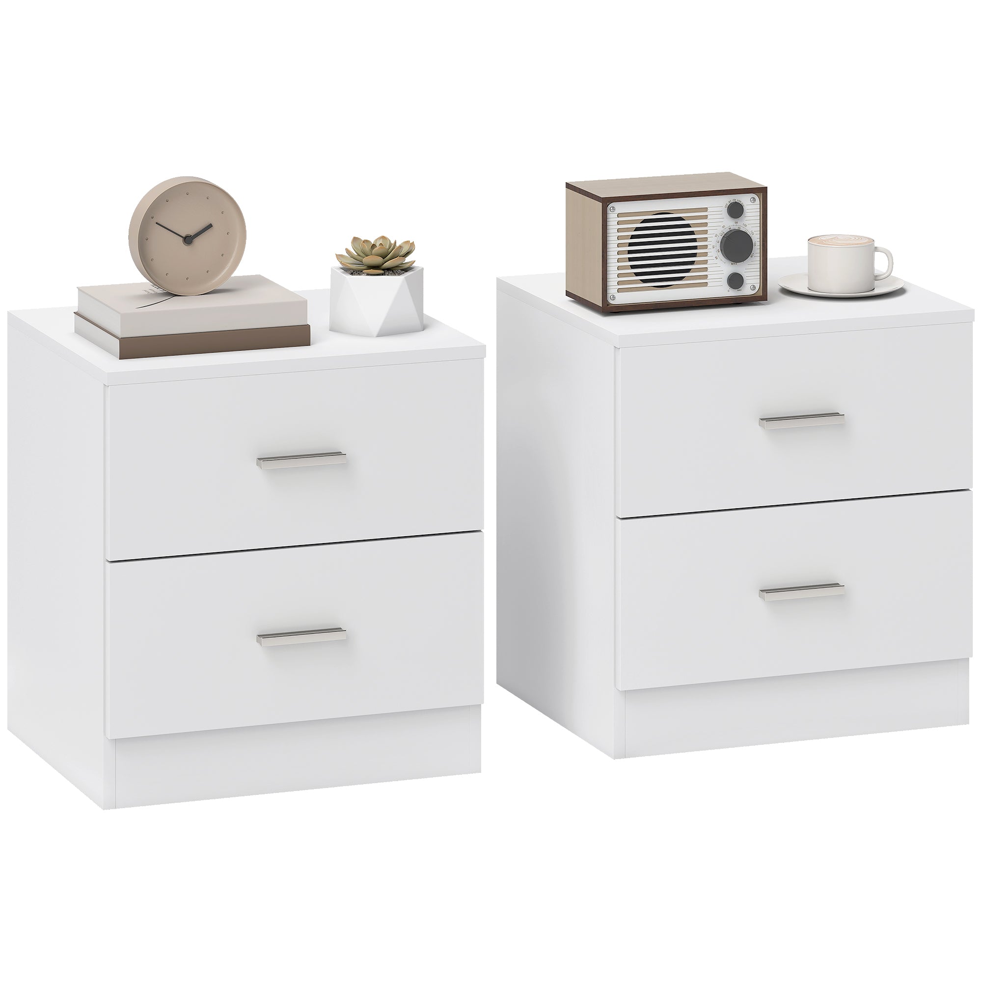 HOMCOM Set of 2 Modern Nightstands, Bedside Tables with 2 Storage Drawers, Accent End Table for Bedroom and Living Room, White 