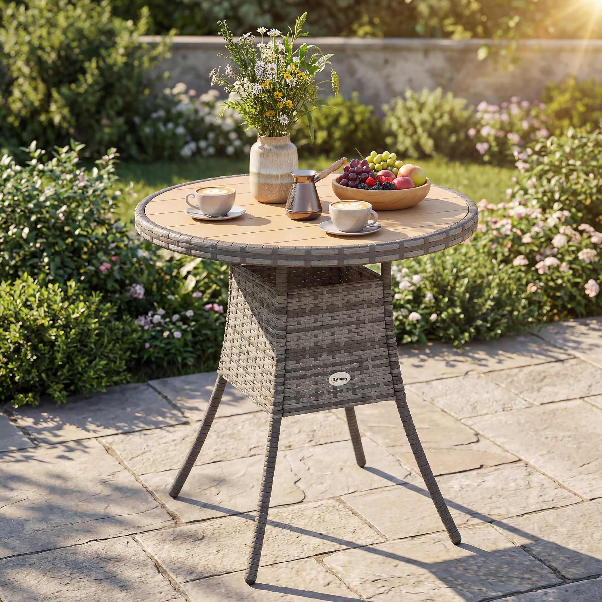 Outsunny 70 cm Wood-Effect Rattan Garden Table - Natural Wood Finish 