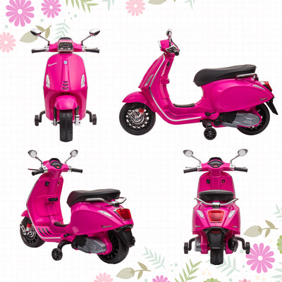 AIYAPLAY 12V Vespa Licensed Kids Electric Motorbike w/ Music, Headlights, FM Radio, for 3-6 Years - Pink 