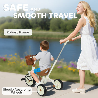 AIYAPLAY 2-In-1 Toddler Trike for 2-5 Years Old, 3 Wheel Bike with Adjustable Parent Handle, Basket for Boys and Girls, White 