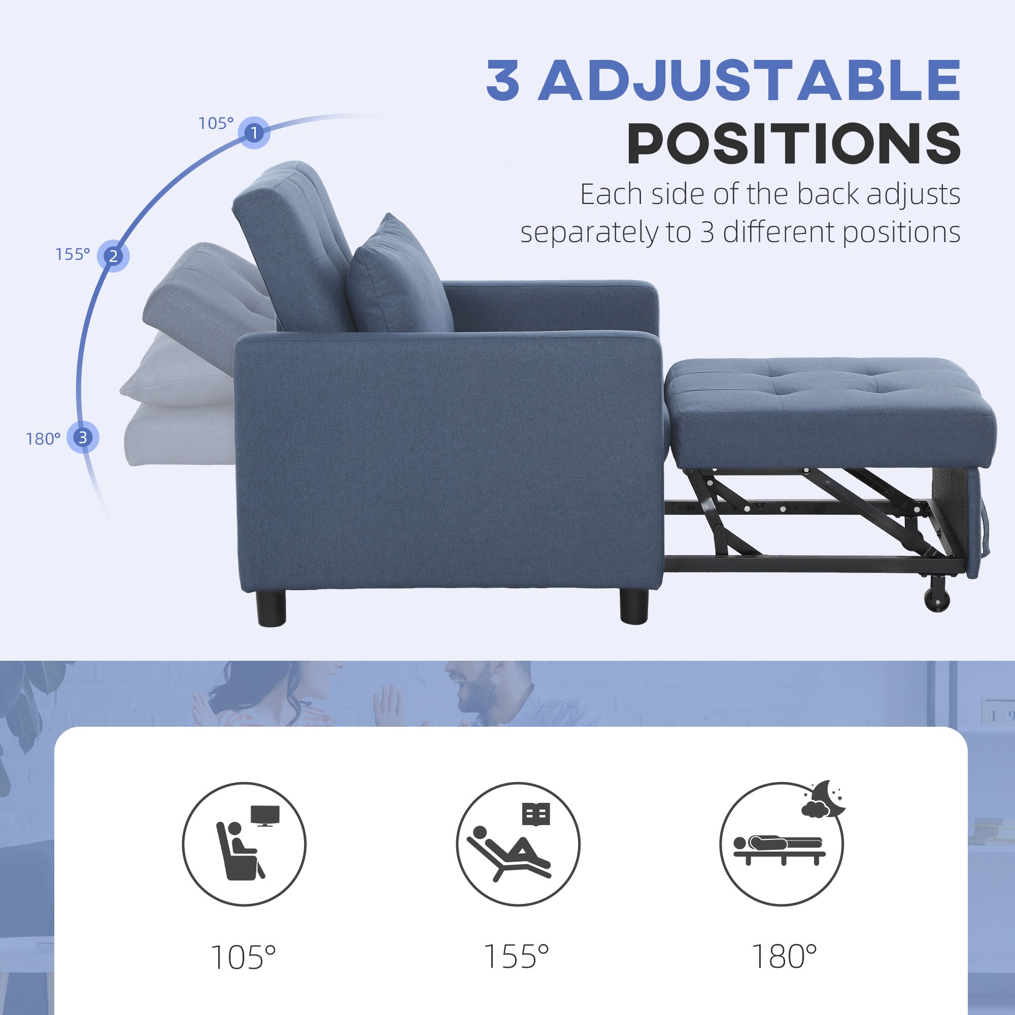 HOMCOM 3-In-1 Chair Bed, Convertible Sleeper Chair with Adjustable Backrest, Pillow and Footrest for Living Room, Blue 