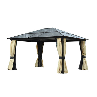 Outsunny 3.6 x 4m Hardtop Gazebo Canopy with Polycarbonate Roof and Aluminium Frame, Garden Pavilion with Mosquito Netting and Curtains 