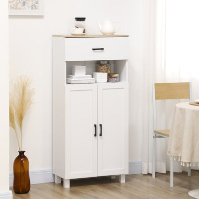 HOMCOM Freestanding Kitchen Cupboard, Nordic Storage Cabinet with Drawer, Doors and Open Countertop for Living & Dining Room, 130cm, White 