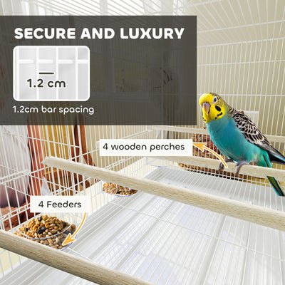 PawHut Bird Cage with Divider, 4 Wooden Perches, Slide Out Tray, 4 Feeders, for Budgie, Lovebird, Canary, 76 x 46 x 46cm, White 