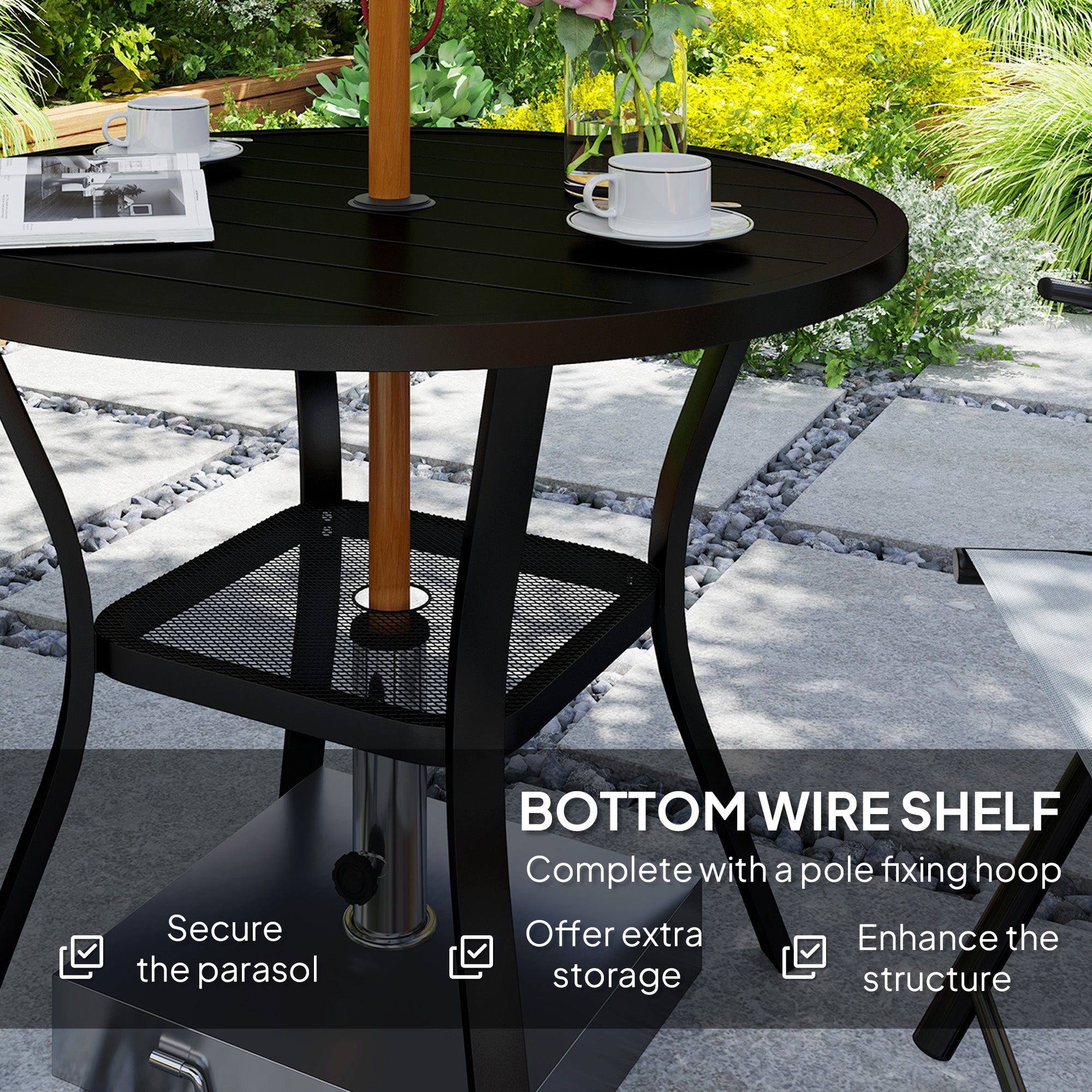 Outsunny 90 cm Garden Dining Table with 4-5 cm Parasol Hole, Round Outdoor Dining Table, Steel Garden Table with Slatted Metal Top and Wire Shelf for Balcony, Porch, Black 