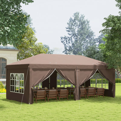 Outsunny 3 x 6 m Pop Up Gazebo with Sides and Windows, Height Adjustable Wedding Camping Party Tent Canopy Marquee with Storage Bag for Garden, Event, Brown 