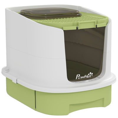 PawHut Cat Litter Box with Lid, Scoop, Deodorisation Bags, Top Entry, Green 