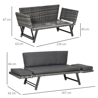 Outsunny 2 Seater Rattan Sofa with Cushions, 2-in-1 PE Rattan Daybed Sofa with Left Up or Down Armrests, Garden Chaise Lounger Loveseat for Outdoor, Patio, Mixed Grey 