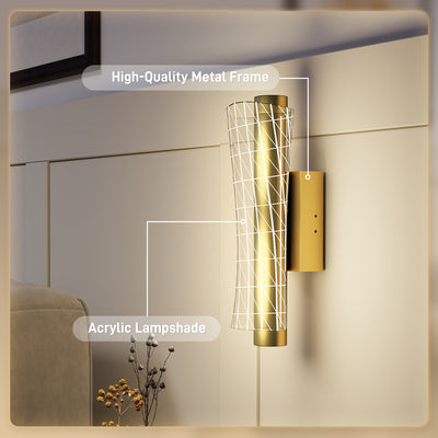 HOMCOM Led Wall Lamp 2 Pack, 9W Modern Indoor Geometric Mesh Wall Light, Colour Temperature Adjustable 3000K/4000K/6500K for Bedroom, Living Room, Hallway, Stairs, Gold Tone 