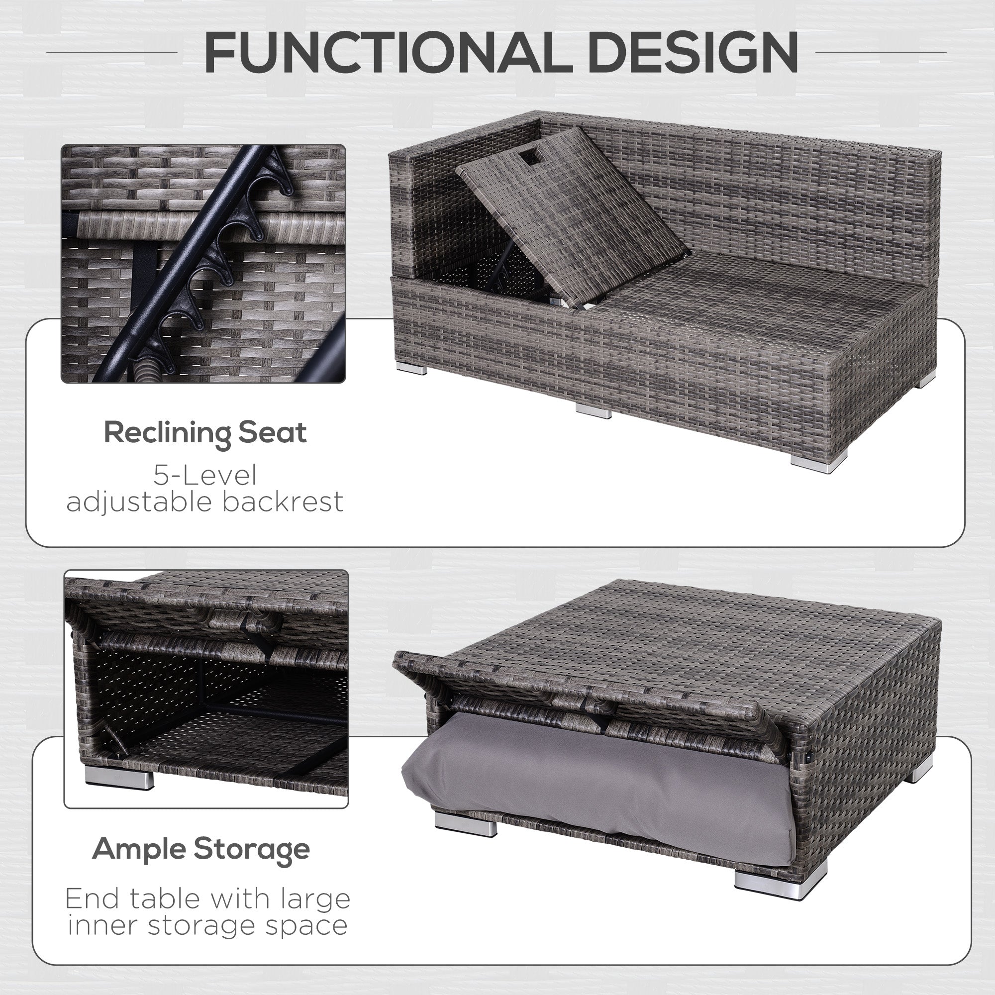 Outsunny 3PC Rattan Garden Furniture Storage Sofa Set 4 Seater Wicker Coffee Table Conservatory Sun Lounger Reclining Set Outdoor Weave with Cushion Grey 