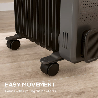 HOMCOM 2000W Oil Filled Radiator, 9 Fin, Portable Electric Heater with 3 Heat Settings, Safety Cut-Off and Wheels, Grey 