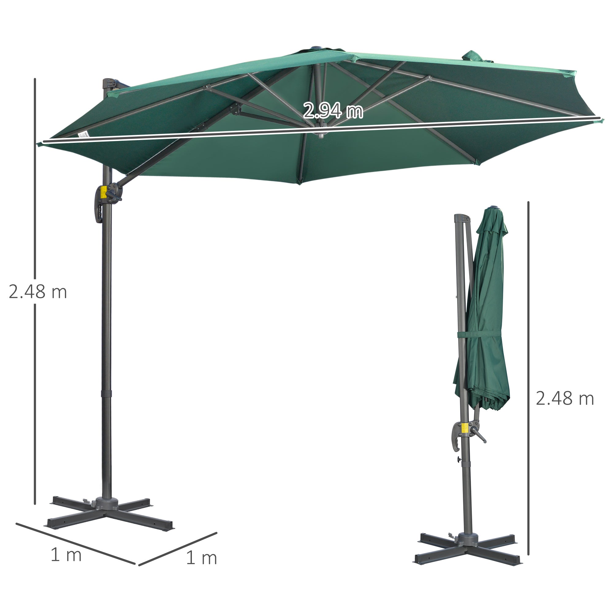 Outsunny 3 x 3(m) Cantilever Parasol with Cross Base, Garden Umbrella with 360\'c2\'b0 Rotation, Crank Handle and Tilt for Outdoor, Patio, Green