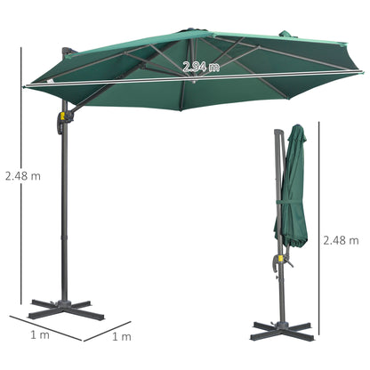 Outsunny 3 x 3(m) Cantilever Parasol with Cross Base, Garden Umbrella with 360\'c2\'b0 Rotation, Crank Handle and Tilt for Outdoor, Patio, Green