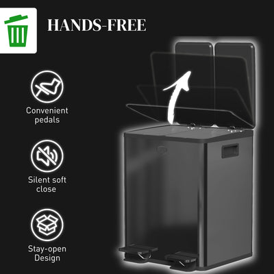 HOMCOM 40L Dual Compartment Stainless Steel Bin, with Deodoriser Holders - Black 