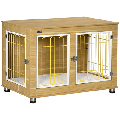 PawHut Dog Crate Furniture, Dog Cage End Table. with Soft Cushion, Double Door - Oak Tone 