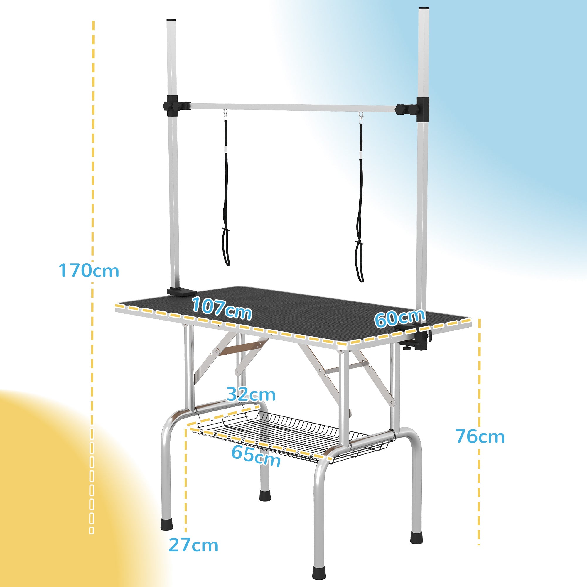PawHut 42" Dog Grooming Table, Adjustable Pet Cat Drying Beauty Table with 2 Loops Storage Basket, Rubber Top, Black 
