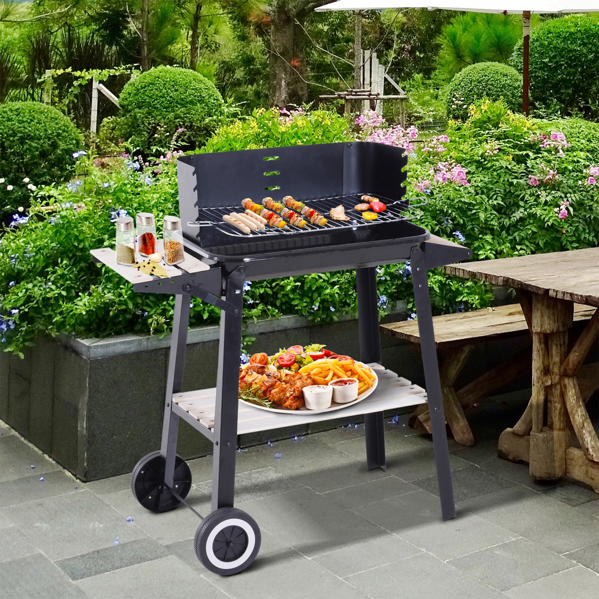 Outsunny Trolley Charcoal BBQ Barbecue Grill Outdoor Patio Garden Heating Smoker with Side Trays Storage Shelf and Wheels 