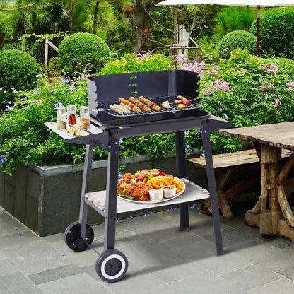 Outsunny Trolley Charcoal BBQ Barbecue Grill Outdoor Patio Garden Heating Smoker with Side Trays Storage Shelf and Wheels 