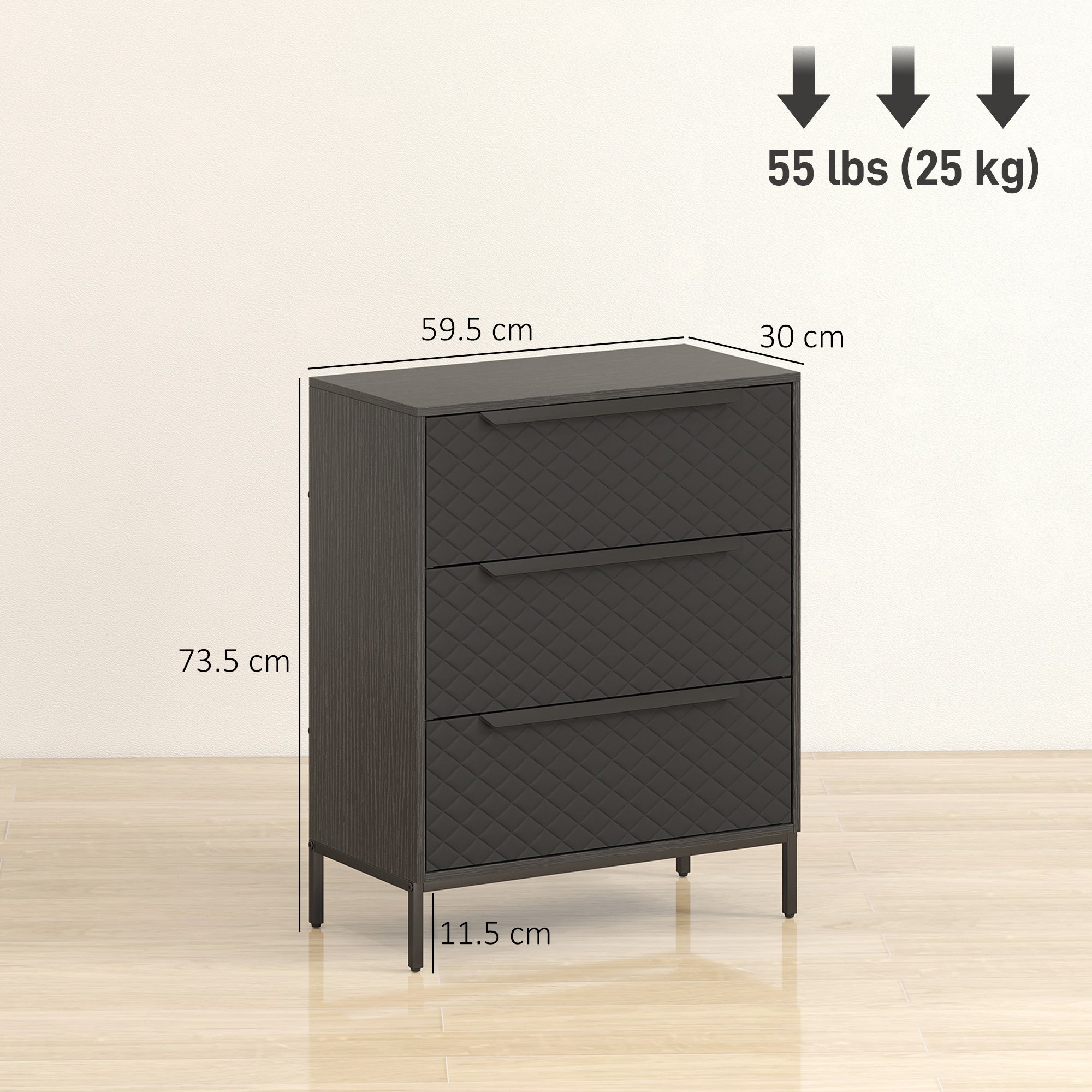 HOMCOM Chest of Drawers, Dresser with 3 Fabric Drawers and Aluminium Handles - Black 