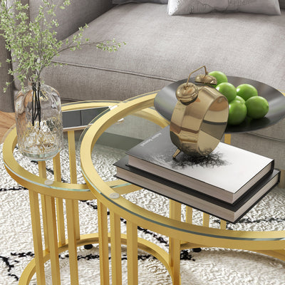 HOMCOM Round Coffee Tables Set of 2, Nesting Tables with Tempered Glass Top and Steel Frame, 60cmx60cmx47cm, Gold Tone 
