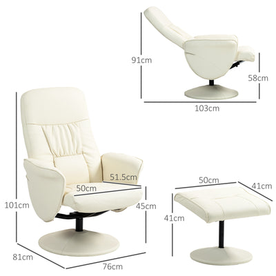 HOMCOM Swivel Recliner Chair with Footstool, PU Leather Armchair and Ottoman with High Back and Round Base for Living Room, Cream White 
