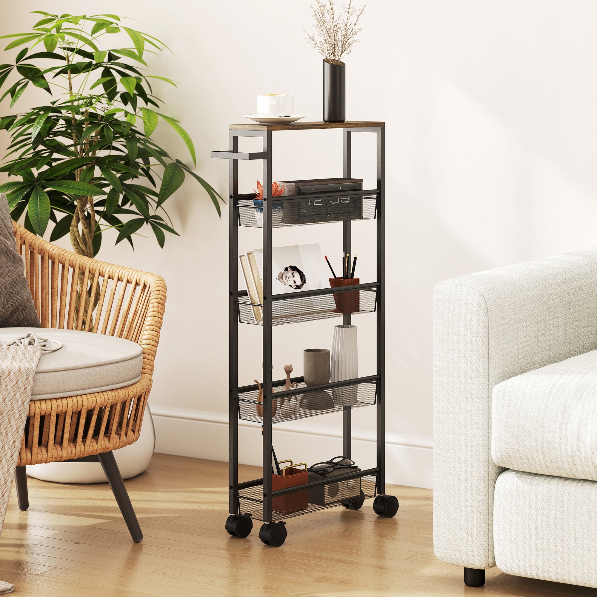 HOMCOM Slim Storage Trolley, 5-Tier Kitchen Cart on Wheels with Wood-effect Top, Handle for Living Room, Bathroom, Black 
