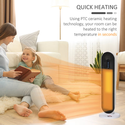 HOMCOM Ceramic Space Heater, Indoor Tower Heater with 2 Heat, Oscillation, Remote Control, Timer, Tip-Over & Overheating Protection, 1200W/2000W, White 