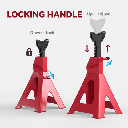 HOMCOM Axle Stands 3 Ton Car Jack Stands Pack of 2, 38.5-60 cm Height Adjustable Support Jack Stand, Heavy Duty Car Lift Tool for Vehicles, Caravans, Workshops, Garages, Red 