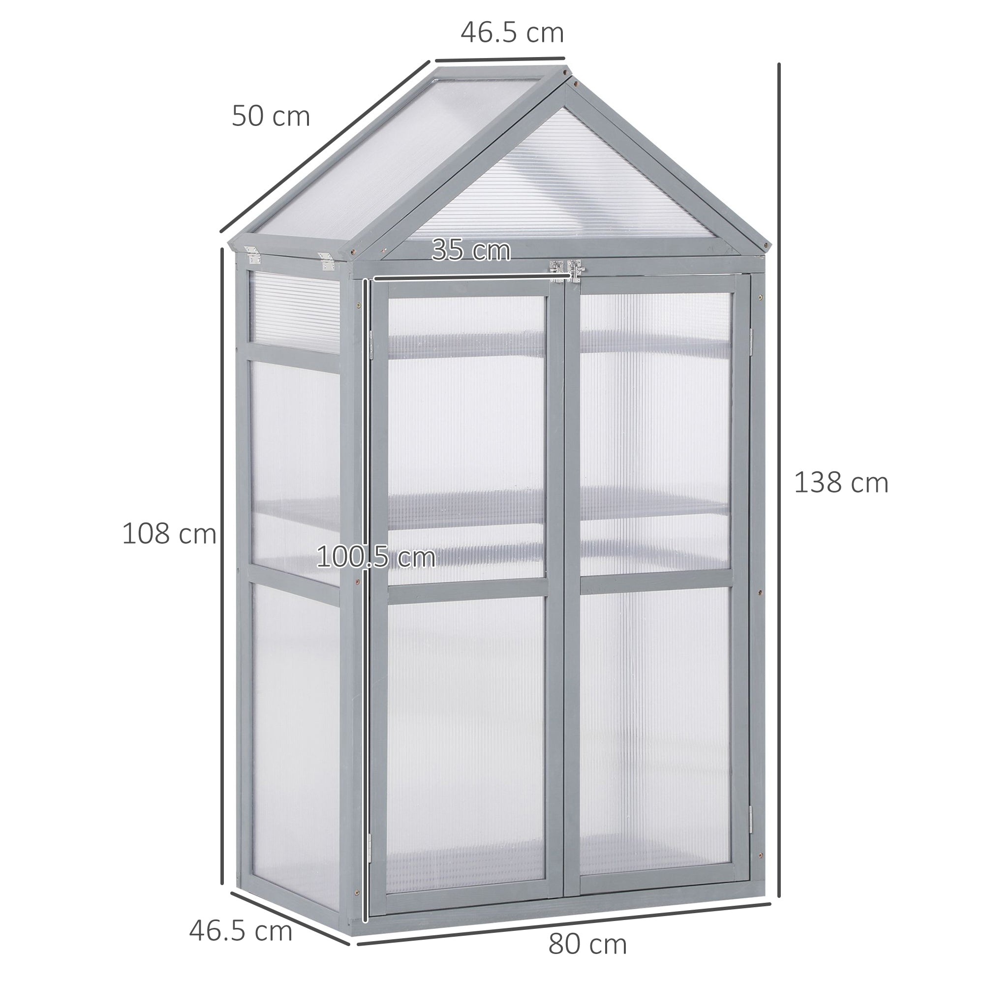 Outsunny Garden Cold Frame Polycarbonate Greenhouse with Adjustable Shelves, Double Doors, Openable Top Covers, Grow House for Flower Vegetable Plants, 80 x 47 x 138cm, Grey 