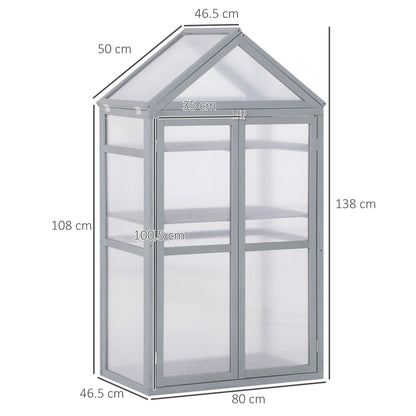 Outsunny Garden Cold Frame Polycarbonate Greenhouse with Adjustable Shelves, Double Doors, Openable Top Covers, Grow House for Flower Vegetable Plants, 80 x 47 x 138cm, Grey 